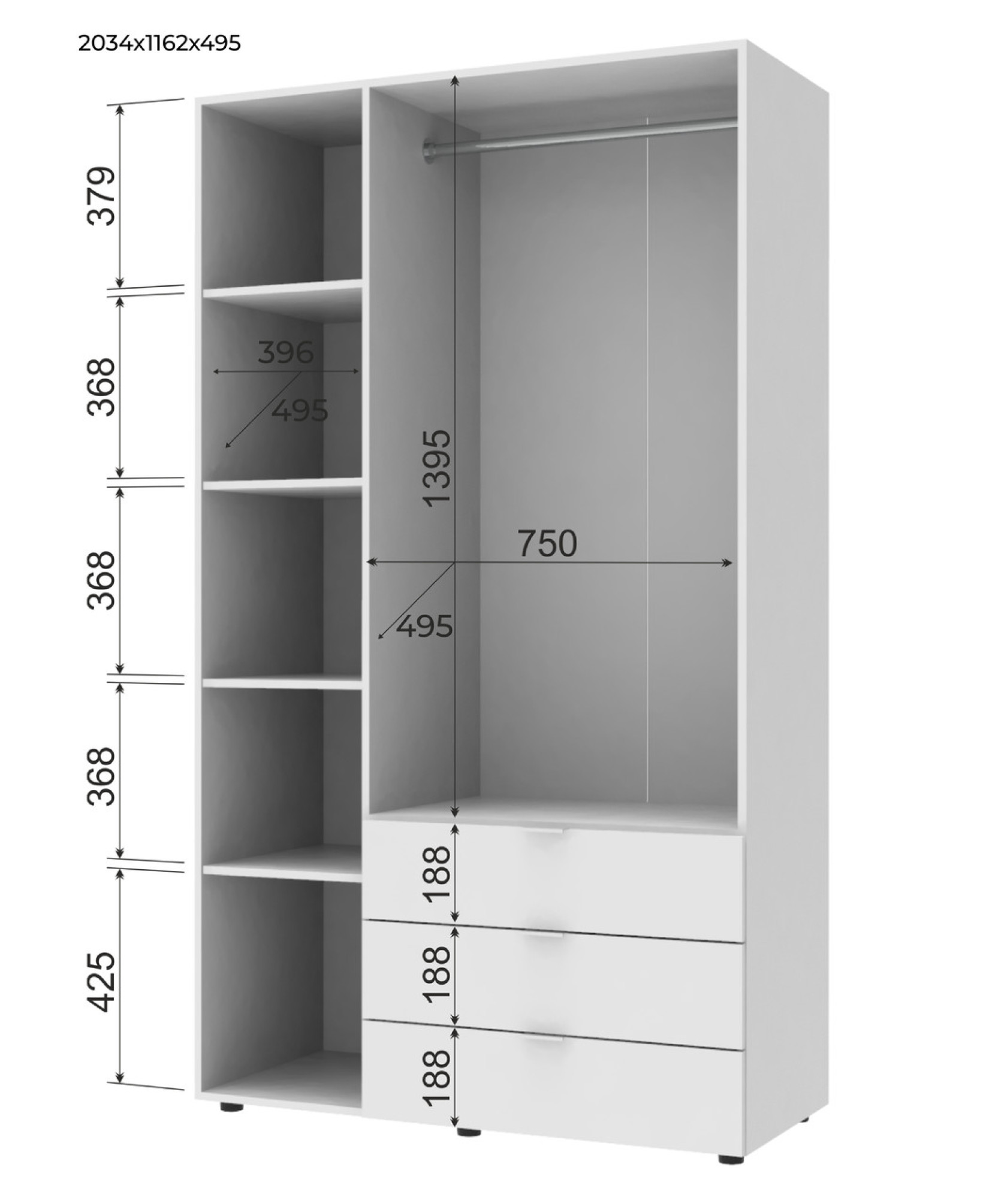 Распашной шкаф для одежды Doros Гелар 3 ДСП 116,2х49,5х203,4 (80397559) Дуб сонома