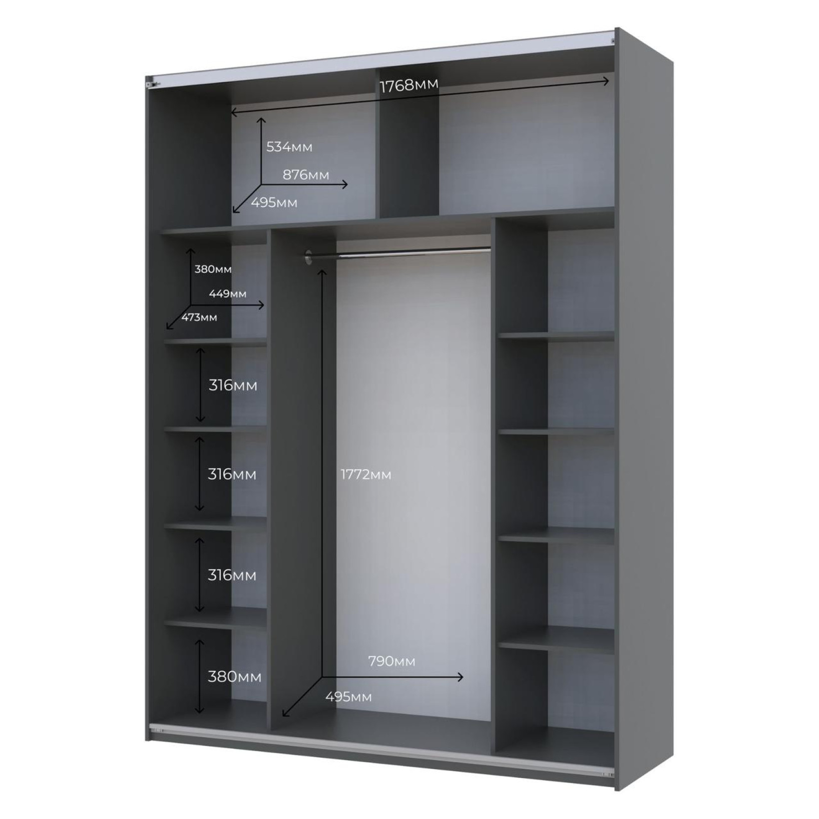 Шкаф купе Doros G-Caiser 1 ДСП / 1 зеркало / 3 части 180х60х240 (42005013) Графит/Дуб Эвок