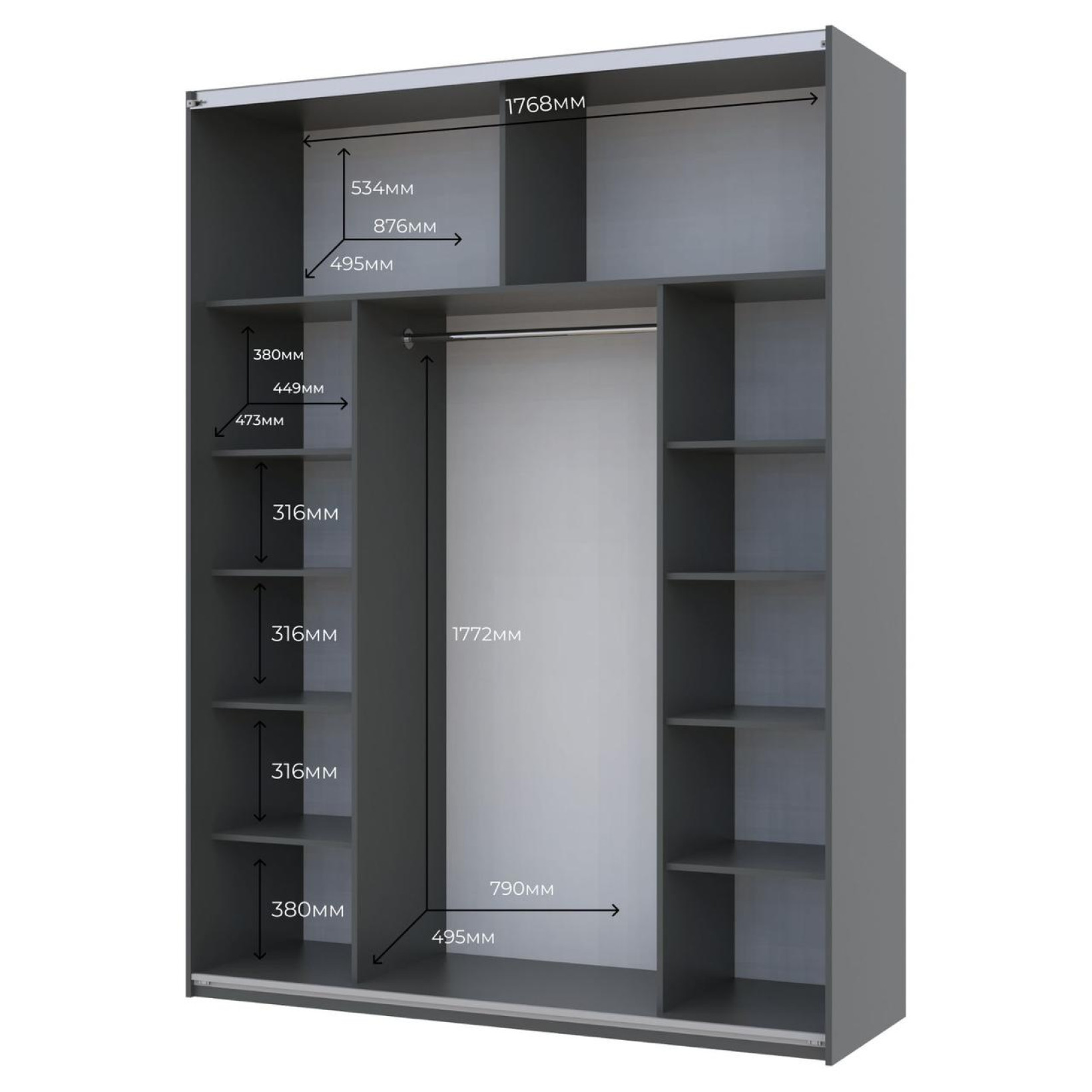 Шкаф купе Doros G-Caiser 1 ДСП / 1 стекло / 3 части 180х60х240 (42005091) Графит/Черный