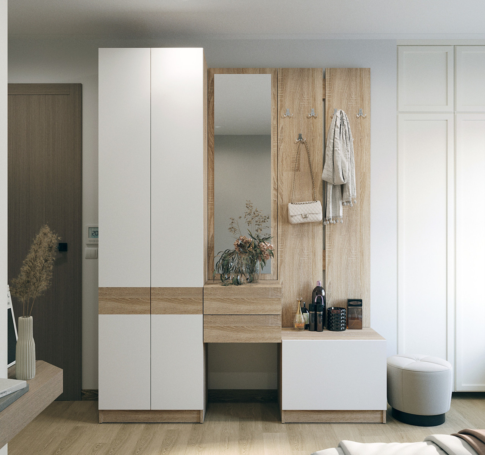Прихожая Doros Сола 2+3 ДСП/зеркало 105х40х215 (42005148) Дуб сонома/Белый