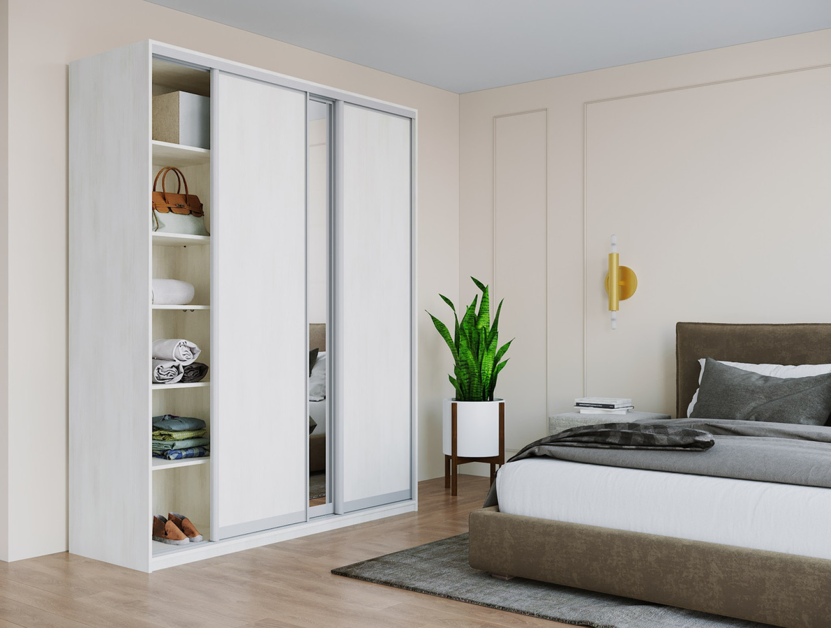 Шкаф купе Doros Сити Лайт 2 ДСП / 1 Зеркало 180х60х225 (42002046) Белое дерево