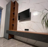 Стінка Дакота у вітальню 2.44 м з підвісною тумбою Горіх/Графіт Світ Меблів